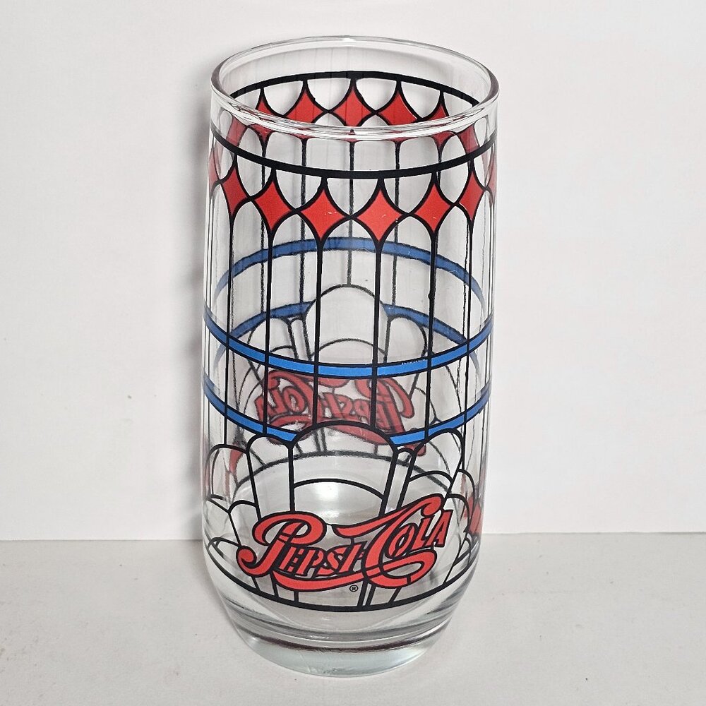 Vintage Pepsi Cola Glasses 1970's Tiffany Style Stained Glass Cathedral Design